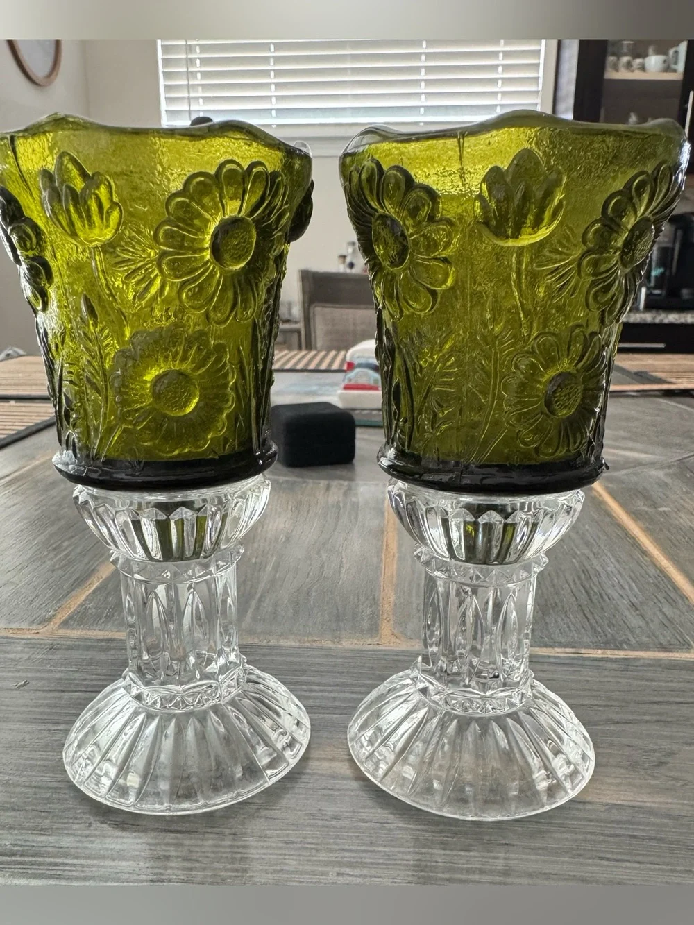Vintage Green Glass Floral Candle Holders – Set of 2
